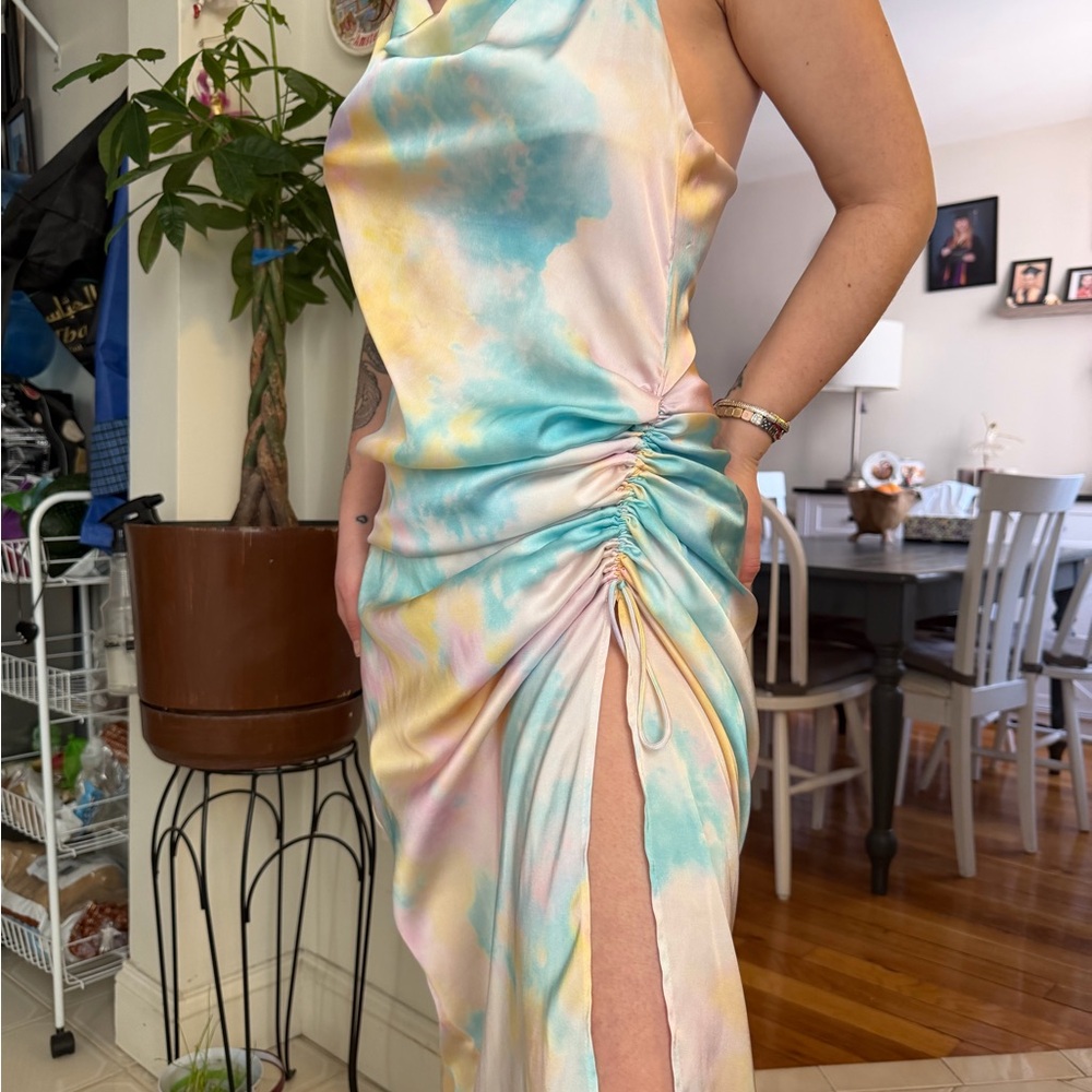 Zara Pastel Tie-Dye Cowl Neck High-Slit Dress